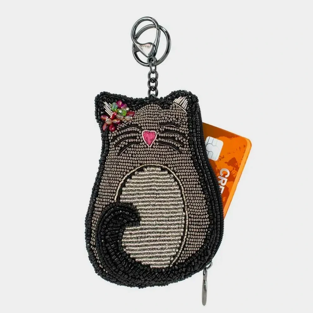 Mary Frances Accessories Pounce Hand Made Beaded Key Fob Card Holder Coin Purse